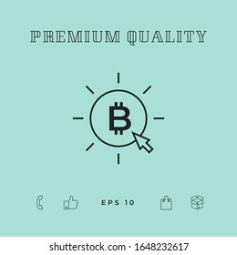 Bitcoin coin with arrow click - click here, buy bitcoin -line icon.