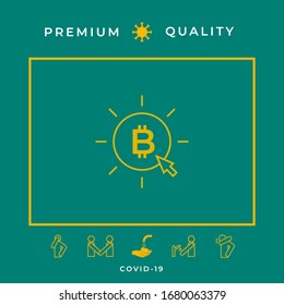 Moneda de bitcoin con clic de flecha - haga clic aquí, comprar icono de línea de bitcoin.
