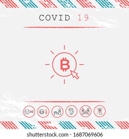 Moneda de bitcoin con clic de flecha - haga clic aquí, comprar icono de línea de bitcoin.
