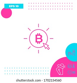 Moneda de bitcoin con clic de flecha - haga clic aquí, comprar icono de línea de bitcoin.