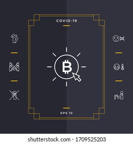 Bitcoin coin with arrow click - click here, buy bitcoin -line icon.