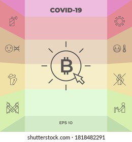 Moneda de Bitcoin con clic de flecha - clic aquí, comprar icono de línea de bitcoin.