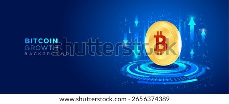 Bitcoin coin with arrows up and down, symbolizing market volatility, placed on dark blue futuristic background with rings, glowing light effects, sparkles. technology themes, presentations, cover