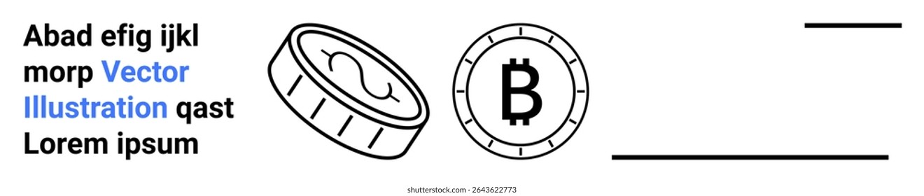 Bitcoin coin with B symbol, stack of coins, placeholder text and lines. Ideal for cryptocurrency, blockchain technology, digital payment, financial technology, online transactions, fintech, digital