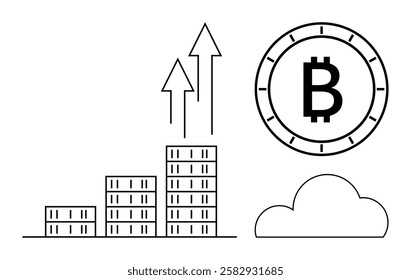Bitcoin coin, bar graph growing upwards on three levels, two arrows pointing upwards, and cloud outline. Ideal for crypto investing, financial growth, blockchain, market analytics, digital currency