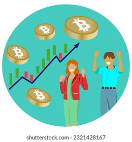 Bitcoin coin (BCT)  with uptrend candlestick chart and 2 people in sphere . Cryptocurrency Trading Ideas