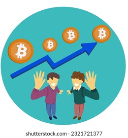 Moneda de Bitcoin (BCT) con gráfico de candelabros de tendencia ascendente y 2 personas en la esfera. Ideas de intercambio de criptodivisa
