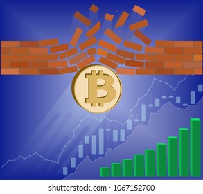 bitcoin coin breaks through the wall resistance with growth chart on a blue background , the price of crypto currency is rising , vector image design concept  