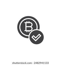 Bitcoin coin with a checkmark vector icon. filled flat sign for mobile concept and web design. Proof of Stake glyph icon. Symbol, logo illustration. Vector graphics