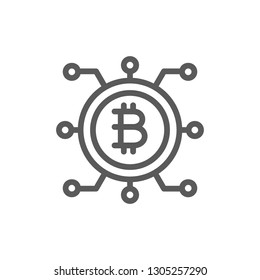 Bitcoin coin with closed contacts, blockchain line icon.