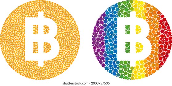Bitcoin coin collage icon of round dots in various sizes and spectrum colorful shades. A dotted LGBT-colored bitcoin coin for lesbians, gays, bisexuals, and transgenders.