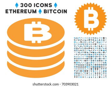 Bitcoin Coin Column icon with 300 blockchain, cryptocurrency, ethereum, smart contract graphic icons. Vector clip art style is flat iconic symbols.