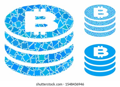Bitcoin coin column mosaic of bumpy items in different sizes and shades, based on Bitcoin coin column icon. Vector joggly items are composed into mosaic.