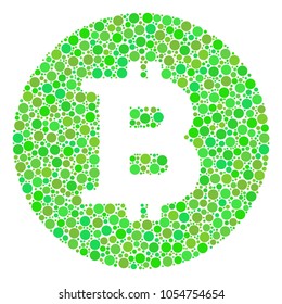 Bitcoin Coin composition of filled circles in various sizes and fresh green color tints. Vector circle elements are composed into bitcoin coin mosaic. Eco design concept.