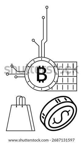 Bitcoin coin connected to digital circuits on matrix grid background, dollar coin, and shopping bag. Ideal for cryptocurrency, digital payments, e-commerce, fintech, online transactions, investment