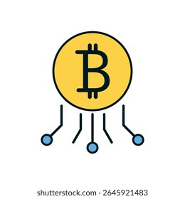 Bitcoin coin connected to network circuit lines representing cryptocurrency and blockchain transaction system