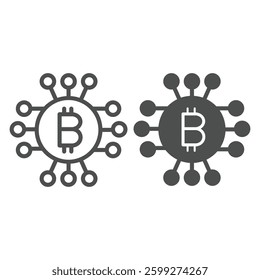 Bitcoin coin with connections line and solid icon, neural network concept. Vector graphics. Coin microchip, data mining sign on white background, outline style icon for mobile or web design