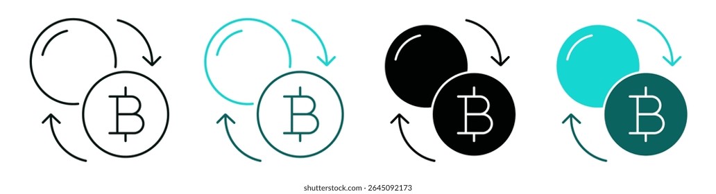 Símbolo de conversão de moeda Bitcoin em estilos simples, contorno e sólido. Conjunto de ícones de criptomoeda. Cor preta e verde, para web, interface do usuário ou aplicativo móvel. Traçado vetorial editável. 