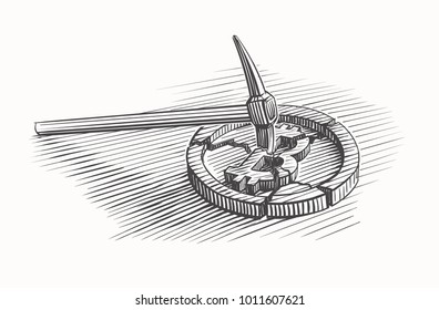 Bitcoin coin crashed with pick axe. Hand drawn, vector.