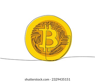 Bitcoin coin, cryptocurrency color, colored one line art. Continuous line drawing of bank, money, finance, financial, payment, data, savings, economic, wealth, credit