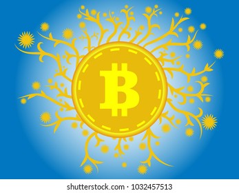 Bitcoin coin cryptocurrency as the sun. Virtual money.