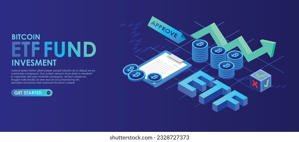 Bitcoin Coin ETF Kryptowährung investieren isometrische Zusammensetzung, Business Analysis System, Isometrische Vektorgrafik.