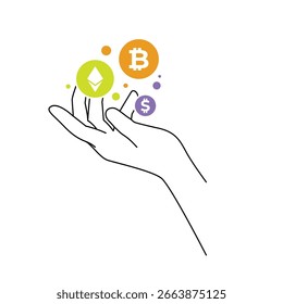 Bitcoin, ETH y dólar en las manos. Icono de línea sobre fondo blanco
