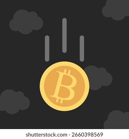 Bitcoin cayendo en el oscuro y sombrío cielo negro. Criptomoneda, crisis financiera, ahorro, inflación, moneda y concepto de tipo de cambio. Diseño plano. ILUSTRACIÓN VECTORIAL EPS 8