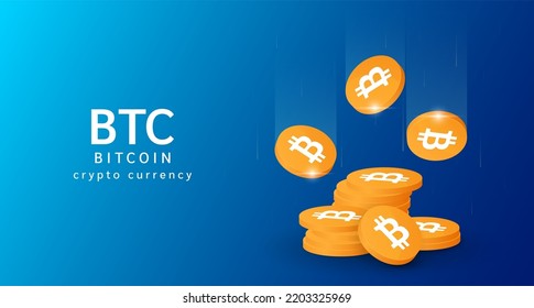 Bitcoin coin falling or flying with pile of coins. Cryptocurrency banner. Crypto currency on blue background. Vector 3d illustration. 