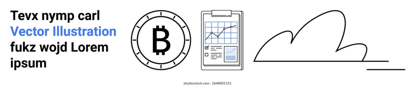 Bitcoin coin, financial chart on clipboard, cloud outline, and placeholder text. Ideal for cryptocurrency, fintech, data analysis, cloud computing, investments, presentations, and technology Landing