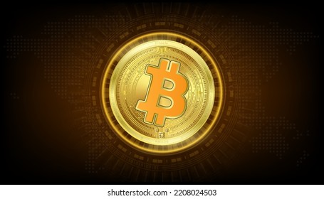 Bitcoin coin golden token cryptocurrency. Future currency on blockchain stock market digital. Crypto currencies on orange black background vector EPS10.