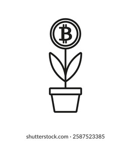 Bitcoin coin growing in a pot icon. Plant with a bitcoin. Vector. Line style.