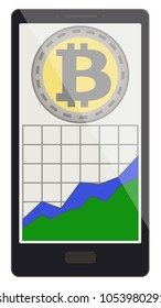 bitcoin coin with growth graph on a phone screen,crypto currensy with diagram in the phone, bitcoin crypto currensy design.