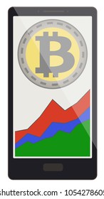 bitcoin coin with growth graph on a phone screen,crypto currensy with diagram in the phone, bitcoin crypto currensy design.
