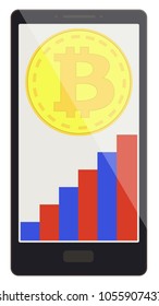 bitcoin coin with growth graph on a phone screen,crypto currensy with diagram in the phone, bitcoin crypto currensy design.