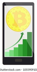 bitcoin coin with growth graph on a phone screen,crypto currency with diagram in the phone, bitcoin crypto currency design.