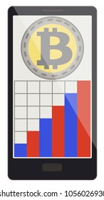 bitcoin coin with growth graph on a phone screen,crypto currensy with diagram in the phone, bitcoin crypto currensy design.