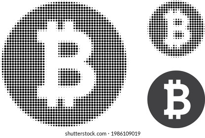 Icono de punto medio de la moneda de Bitcoin. La matriz de semitono contiene puntos de círculo. Ilustración vectorial del icono de la moneda de bitcoin sobre un fondo blanco.
