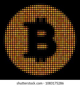 Bitcoin coin halftone vector icon. Illustration style is pixel iconic bitcoin coin symbol on a black background. Halftone structure is made with spheric points.