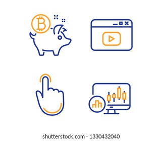 Bitcoin coin, Hand click and Video content icons simple set. Candlestick chart sign. Piggy bank, Location pointer, Browser window. Report analysis. Business set. Linear bitcoin coin icon. Vector