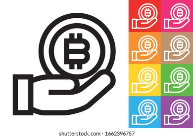Bitcoin Coin in Hand. Line Icon With Different Color Background.