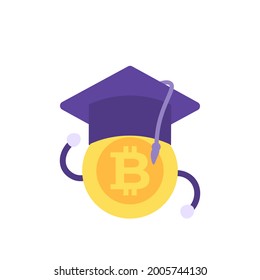 bitcoin coin and hat toga illustration. trading training concept. blockchain scholar. learn crypto money. flat cartoon style. cartoon design