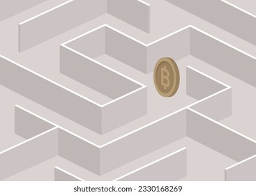 A bitcoin coin hidden between the labyrinth walls