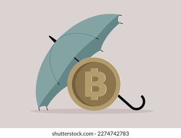 Moneda de bitcoin escondida bajo un paraguas abierto, instrumentos financieros de protección