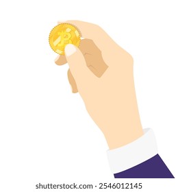 Bitcoin Coin en la mano. Moneda bitcoin. Minería de criptomonedas. Dinero digital. Ilustración vectorial. Criptomoneda blockchain. Aislado sobre fondo blanco. Dinero virtual de ganancia