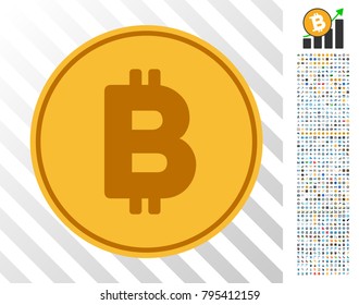 Bitcoin Coin icon with 700 bonus bitcoin mining and blockchain pictographs. Vector illustration style is flat iconic symbols design for crypto-currency websites.
