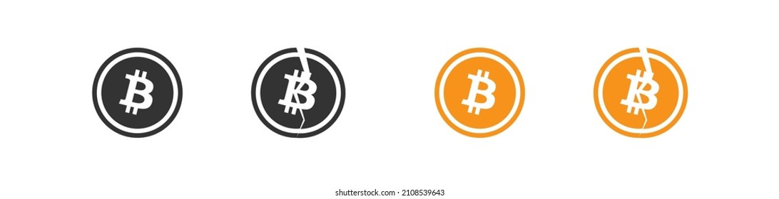 Bitcoin coin icon in black and flat style. Break cryptocurrency button. Vector isolated illustration