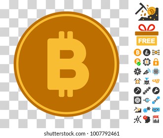 Bitcoin Coin icon with bonus bitcoin mining and blockchain pictograms. Vector illustration style is flat iconic symbols. Designed for cryptocurrency websites.