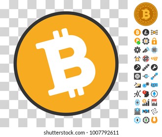 Bitcoin Coin icon with bonus bitcoin mining and blockchain design elements. Vector illustration style is flat iconic symbols. Designed for crypto currency software.