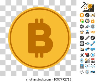 Bitcoin Coin icon with bonus bitcoin mining and blockchain symbols. Vector illustration style is flat iconic symbols. Designed for blockchain ui toolbars.
